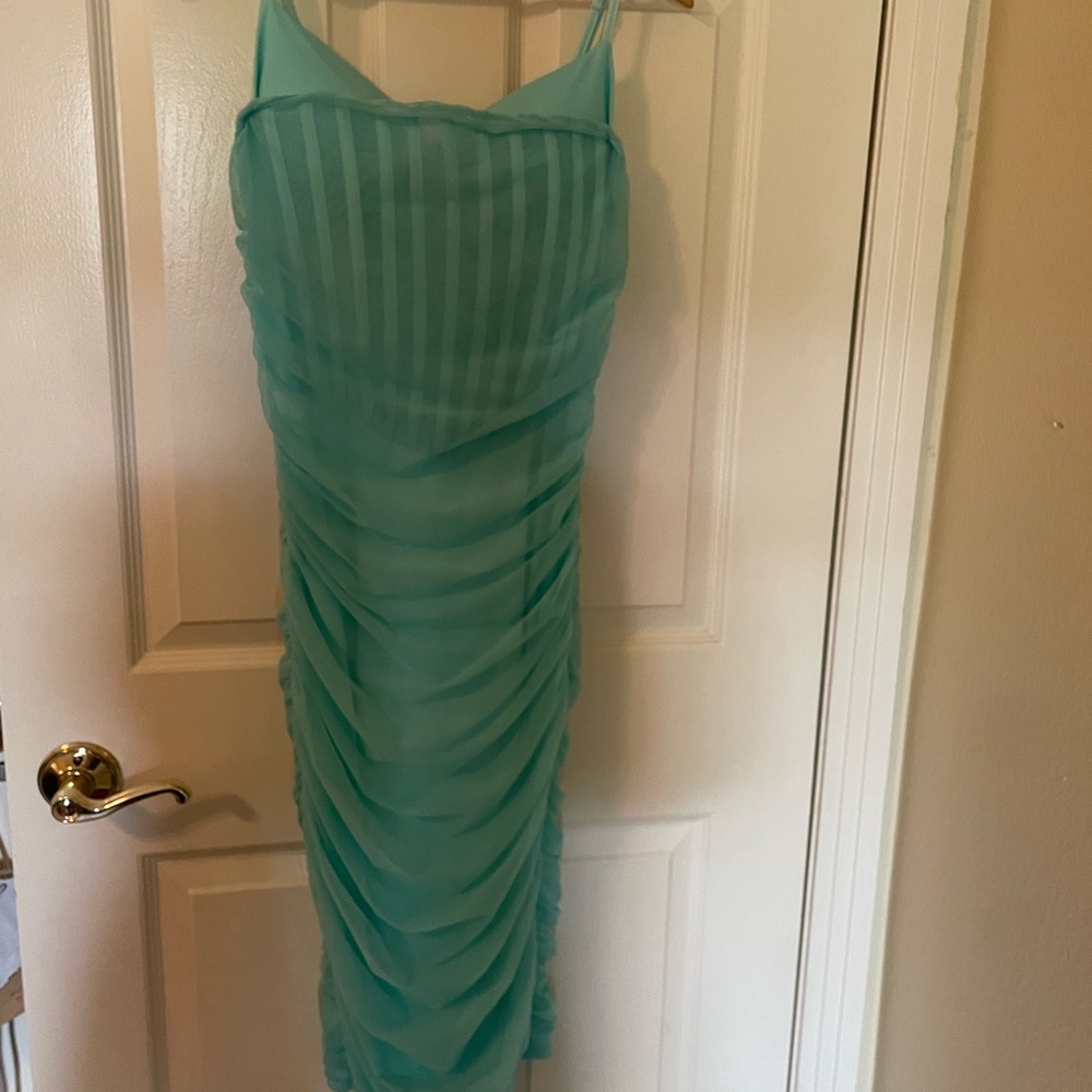 Bella Barnett Formal Dress bustiers style ribbing SMALL aqua marine mermaid NWT